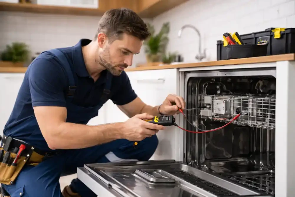 Technician using a multimeter to inspect a dishwasher in a home kitchen